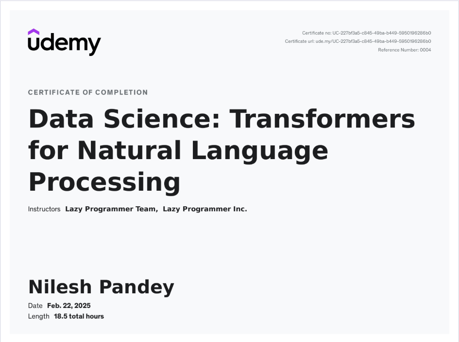 Udemy Transformers and NLP Certificate